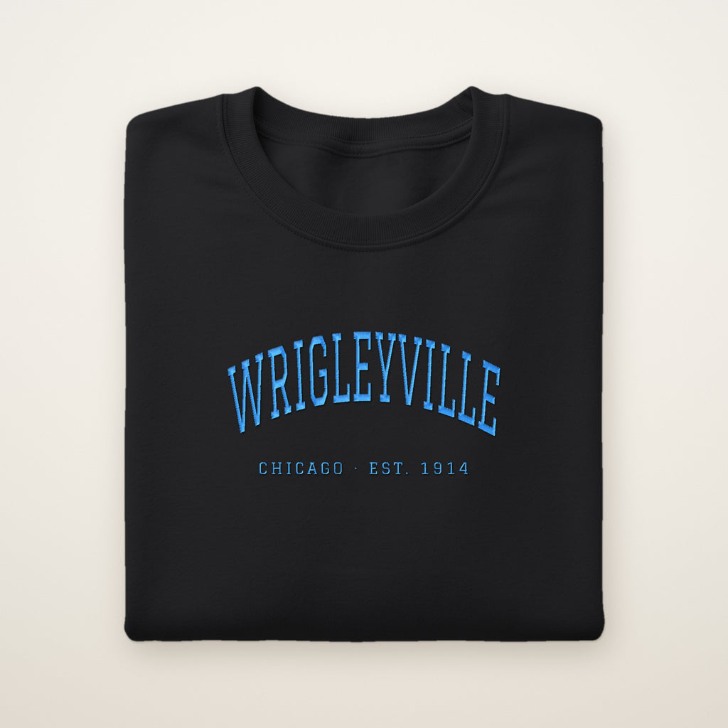 Wrigleyville Chicago Embroidered Crewneck — Sky Blue Thread on Black