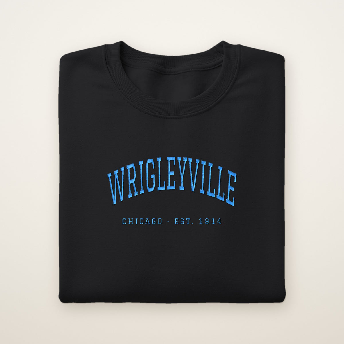 Wrigleyville Chicago Embroidered Crewneck — Sky Blue Thread on Black