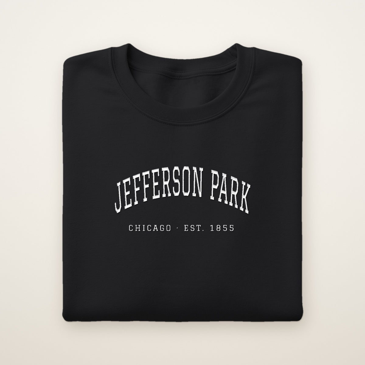 Jefferson Park Chicago Embroidered Crewneck — White Thread on Black