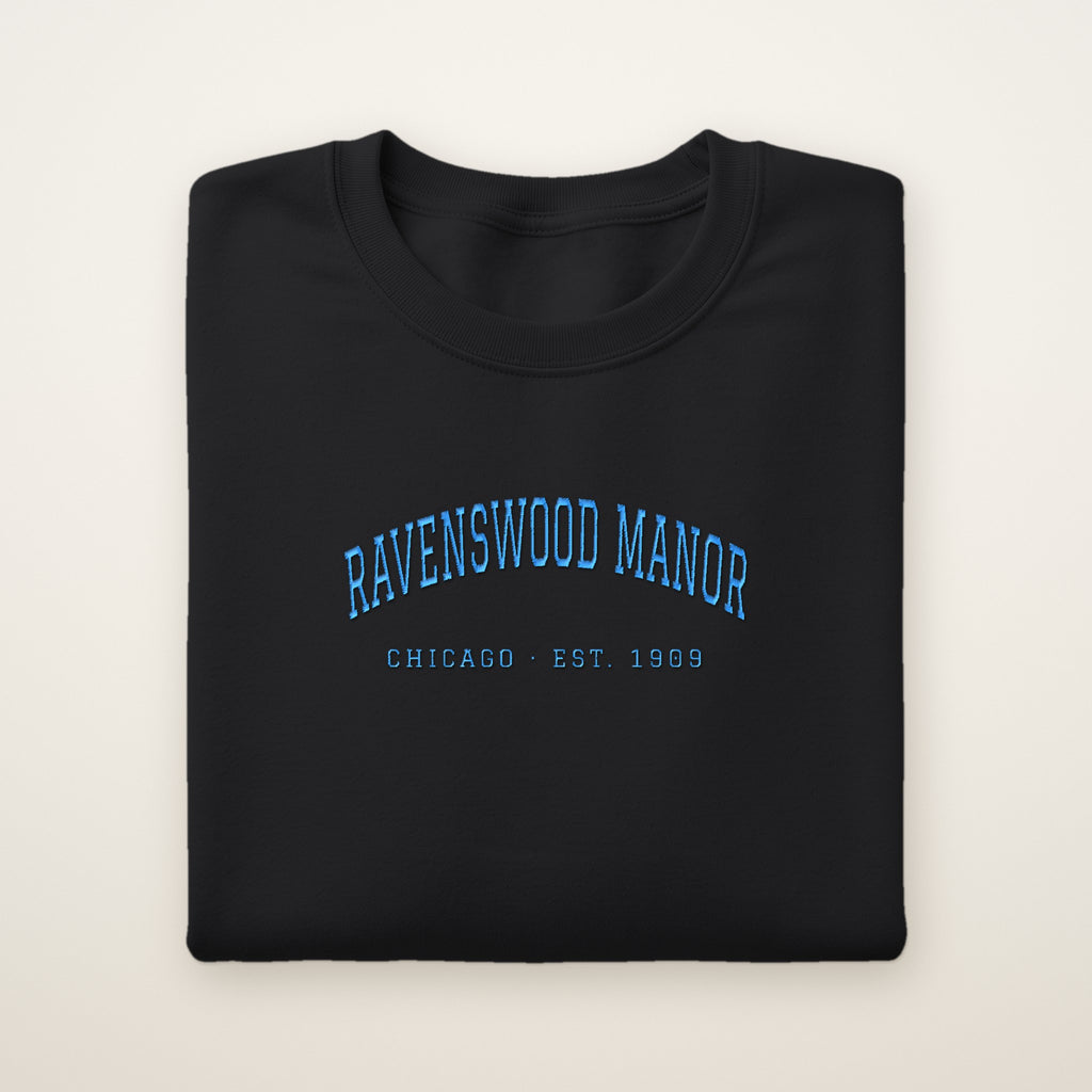Ravenswood Manor Chicago Embroidered Crewneck — Sky Blue Thread on Black