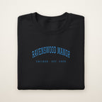 Ravenswood Manor Chicago Embroidered Crewneck — Sky Blue Thread on Black
