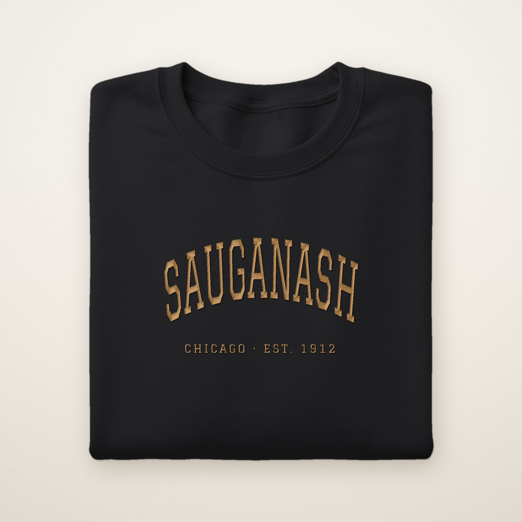 Sauganash Chicago Embroidered Crewneck — Gold Thread on Black