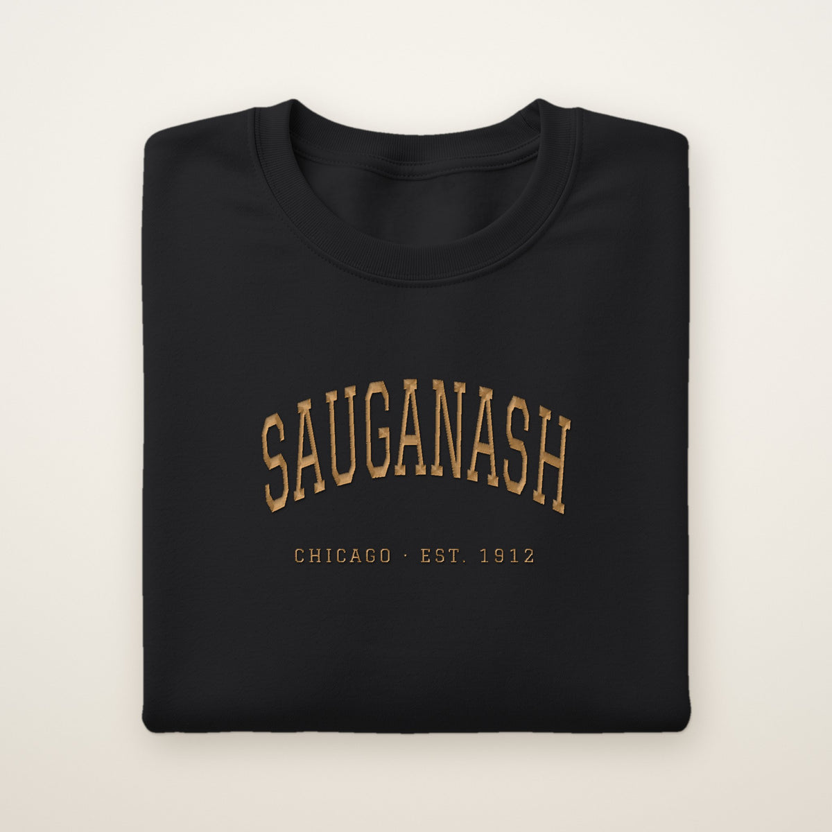 Sauganash Chicago Embroidered Crewneck — Gold Thread on Black