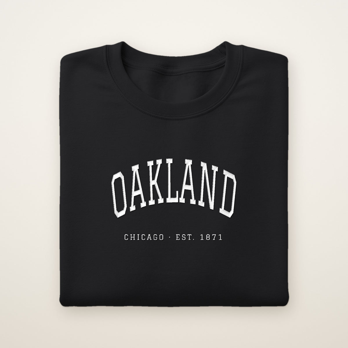 Oakland Chicago Embroidered Crewneck — White Thread on Black