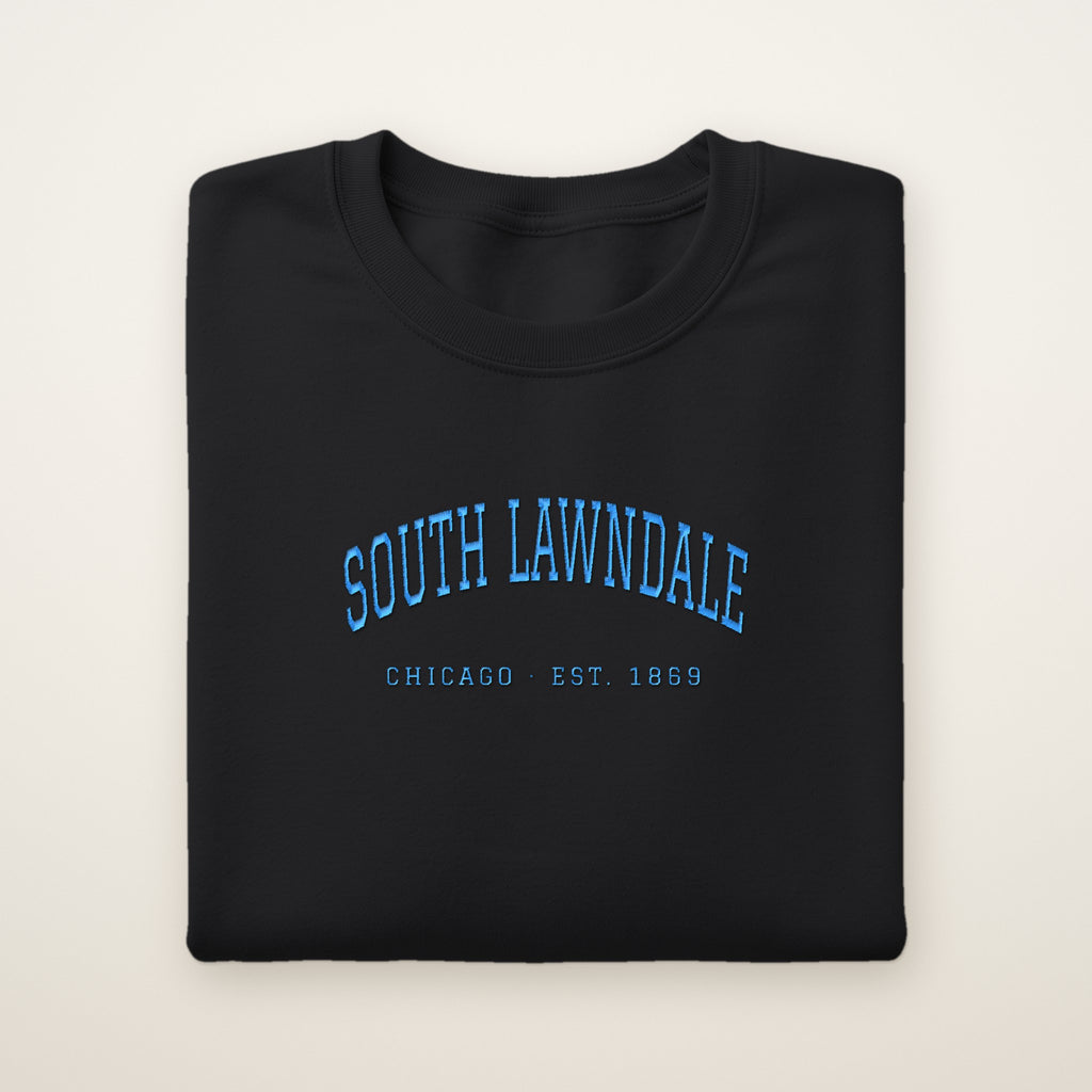 South Lawndale Chicago Embroidered Crewneck — Sky Blue Thread on Black
