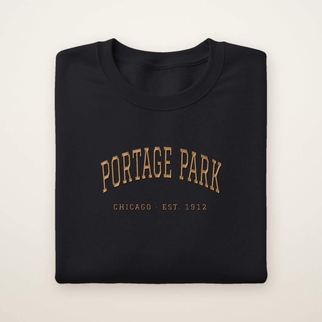 Portage Park Chicago Embroidered Crewneck — Gold Thread on Black