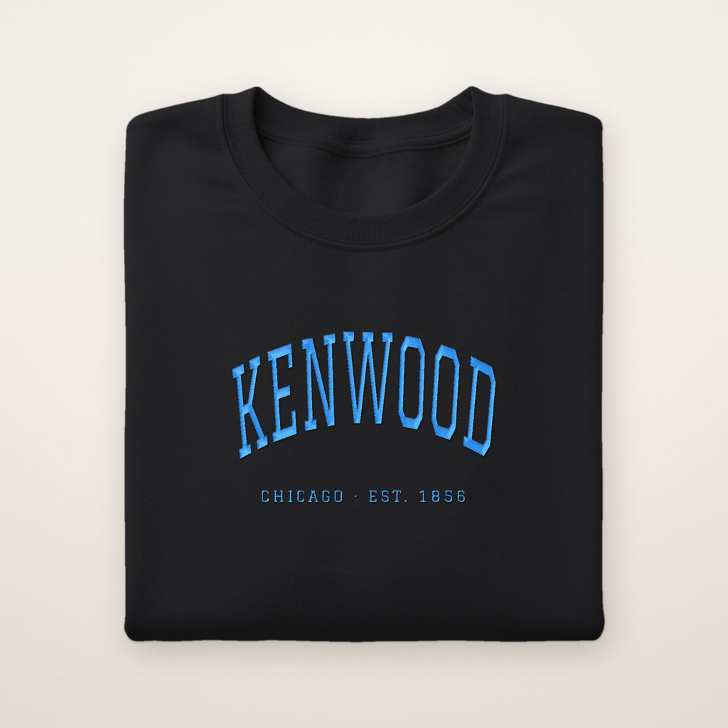 Kenwood Chicago Embroidered Crewneck — Sky Blue Thread on Black