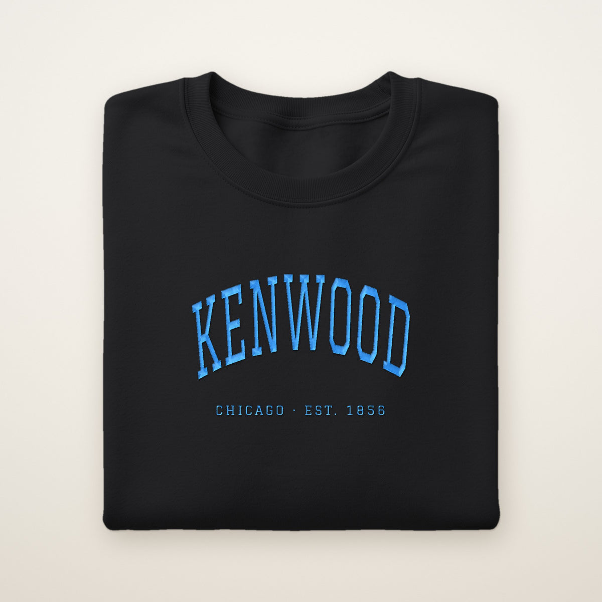 Kenwood Chicago Embroidered Crewneck — Sky Blue Thread on Black