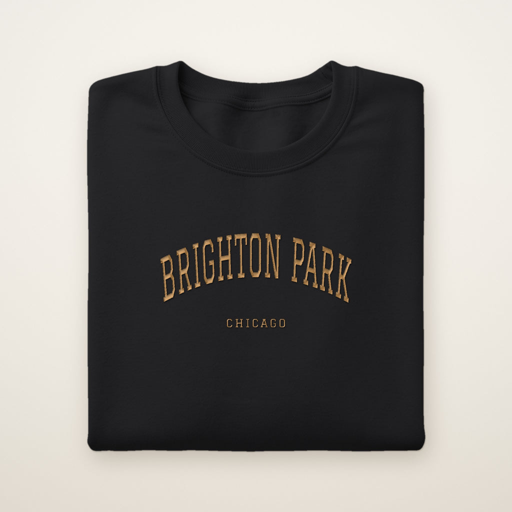 Brighton Park Chicago Embroidered Crewneck — Gold Thread on Black