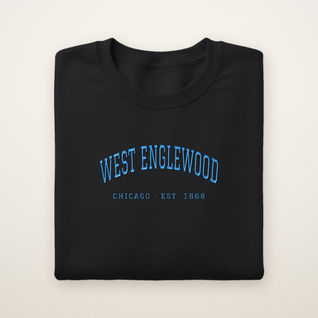 West Englewood Chicago Embroidered Crewneck — Sky Blue Thread on Black