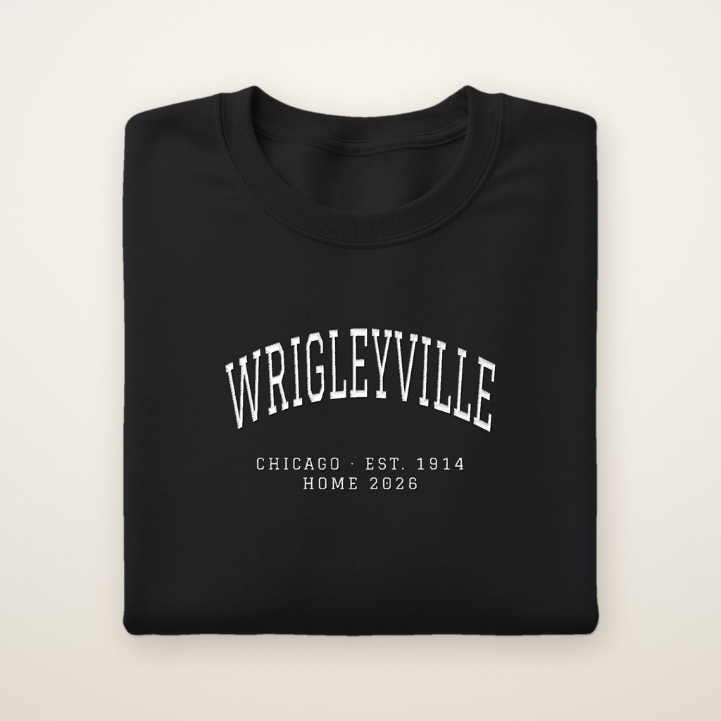 Wrigleyville Chicago Home 2026 Embroidered Crewneck — White Thread on Black