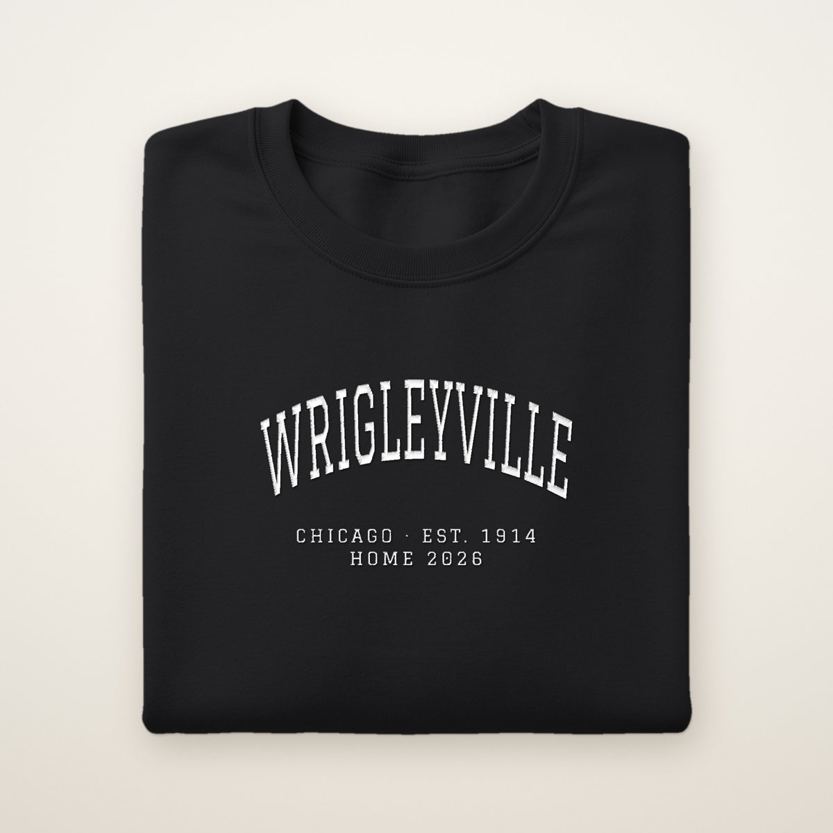 Wrigleyville Chicago Home 2026 Embroidered Crewneck — White Thread on Black