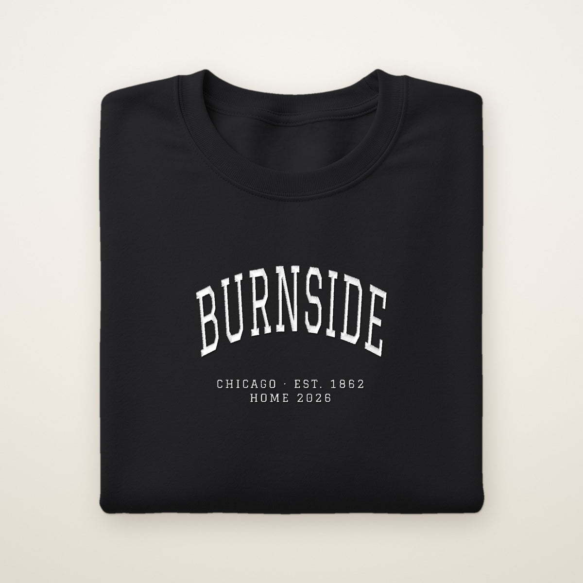 Burnside Chicago Home 2026 Embroidered Crewneck — White Thread on Black