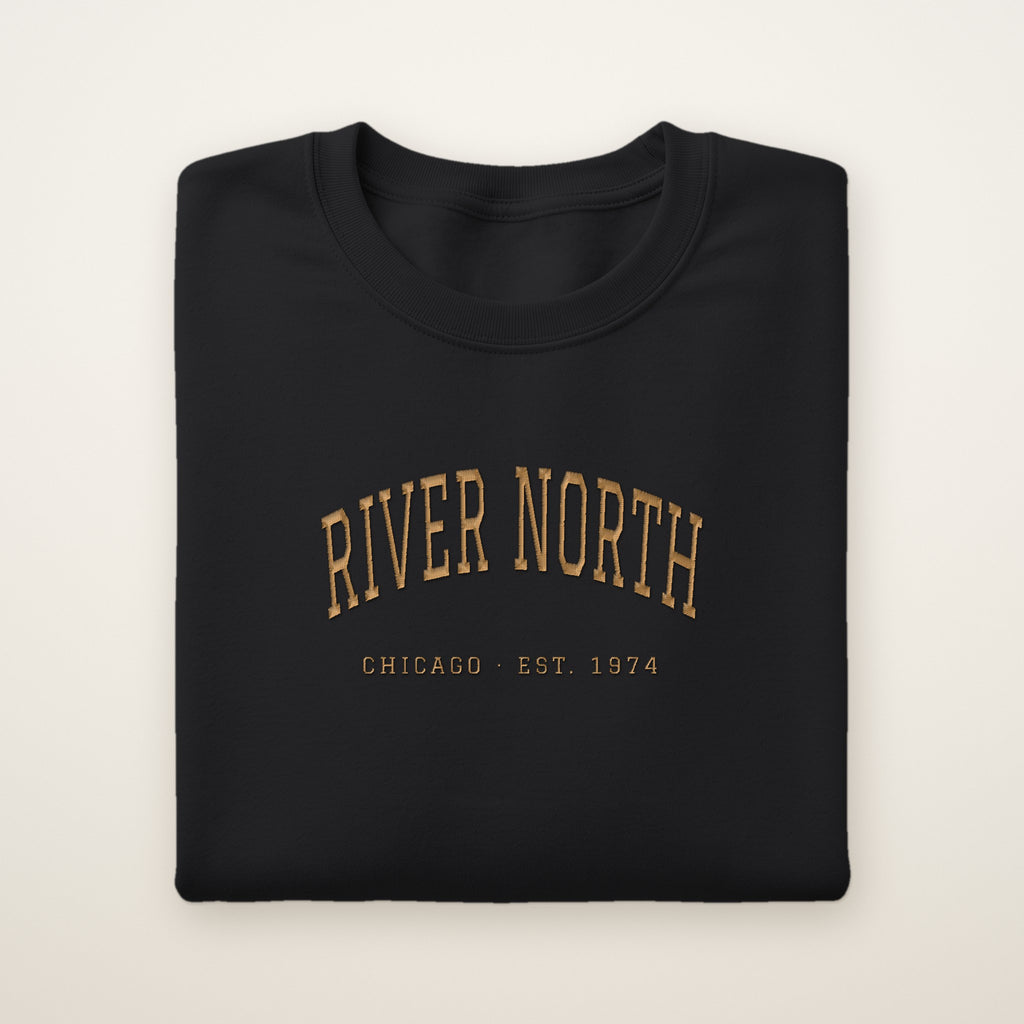 River North Chicago Embroidered Crewneck — Gold Thread on Black