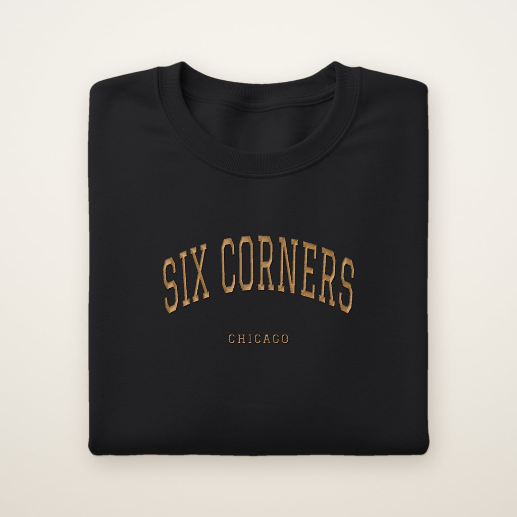 Six Corners Chicago Embroidered Crewneck — Gold Thread on Black