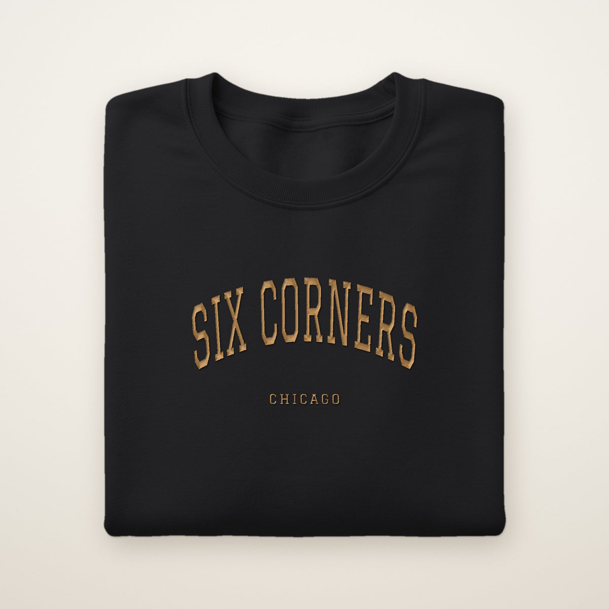 Six Corners Chicago Embroidered Crewneck — Gold Thread on Black