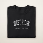 West Ridge Chicago Embroidered Crewneck — White Thread on Black