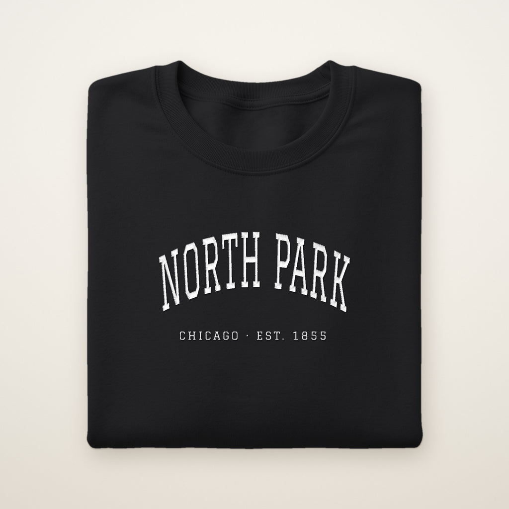 North Park Chicago Embroidered Crewneck — White Thread on Black