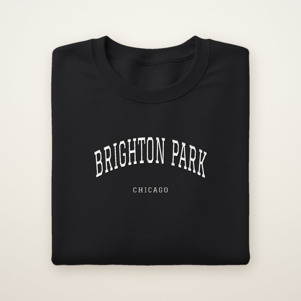 Brighton Park Chicago Embroidered Crewneck — White Thread on Black