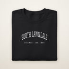 South Lawndale Chicago Embroidered Crewneck — White Thread on Black