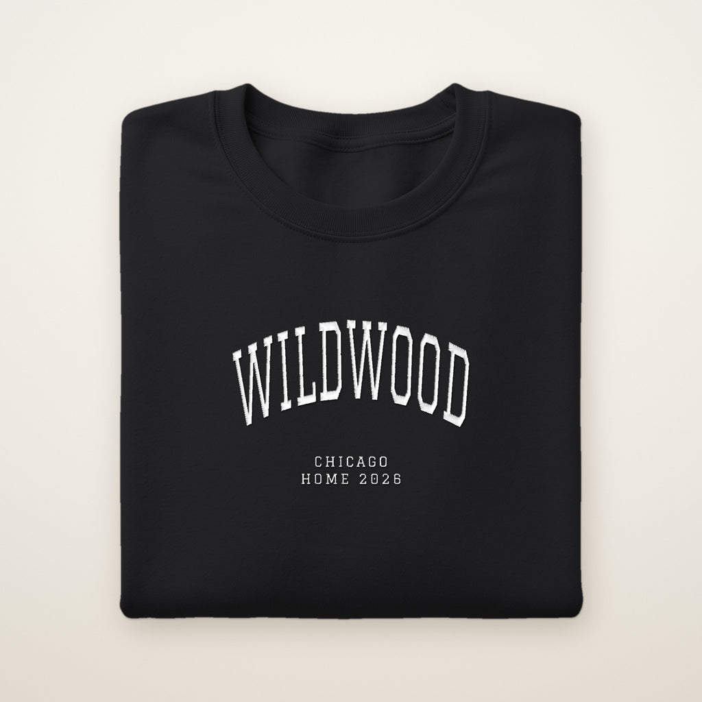 Wildwood Chicago Home 2026 Embroidered Crewneck — White Thread on Black