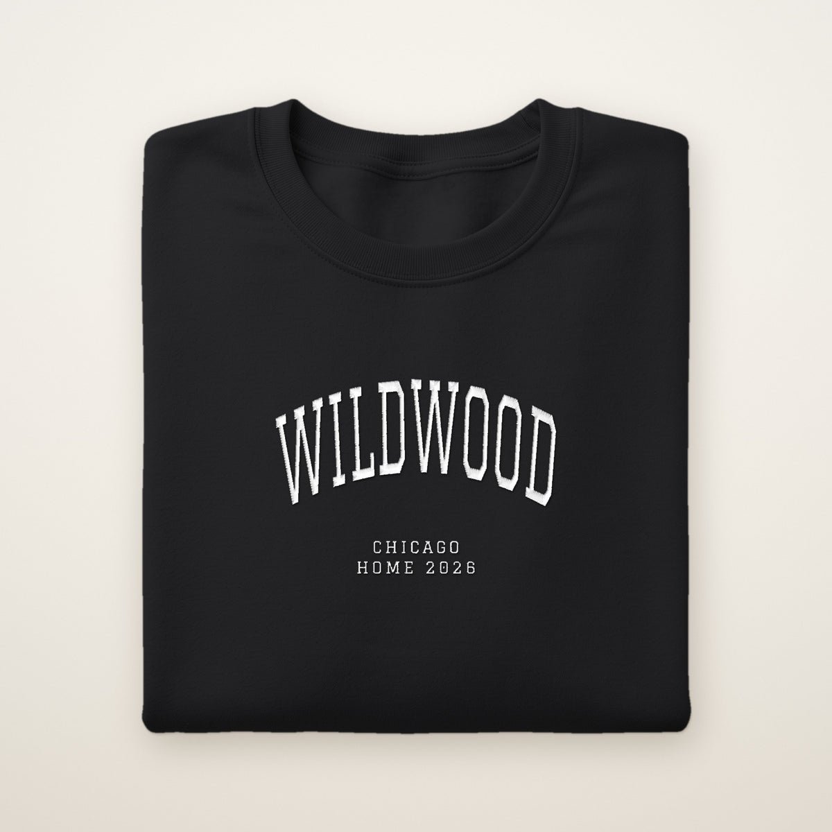 Wildwood Chicago Home 2026 Embroidered Crewneck — White Thread on Black