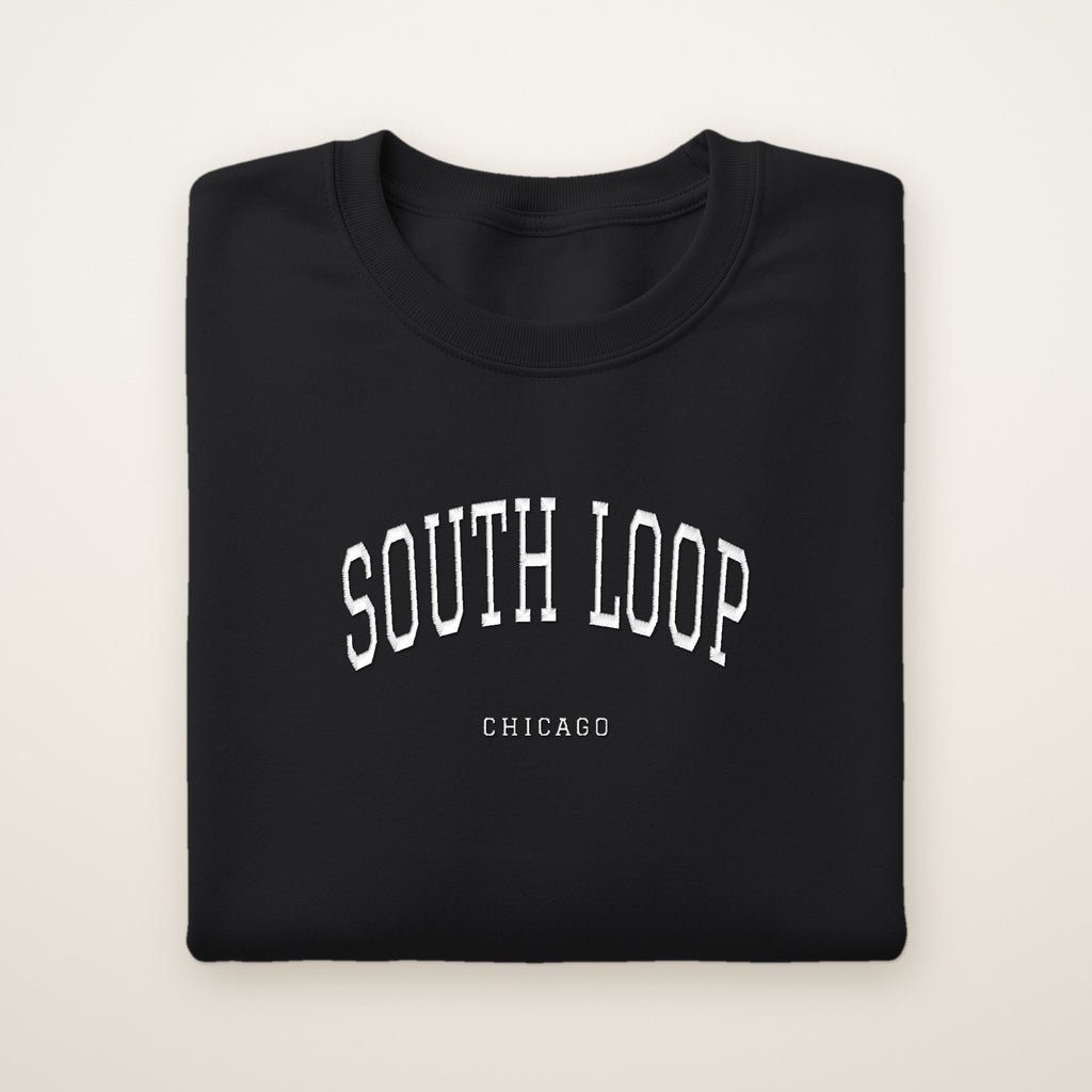 South Loop Chicago Embroidered Crewneck — White Thread on Black