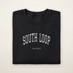 South Loop Chicago Embroidered Crewneck — White Thread on Black