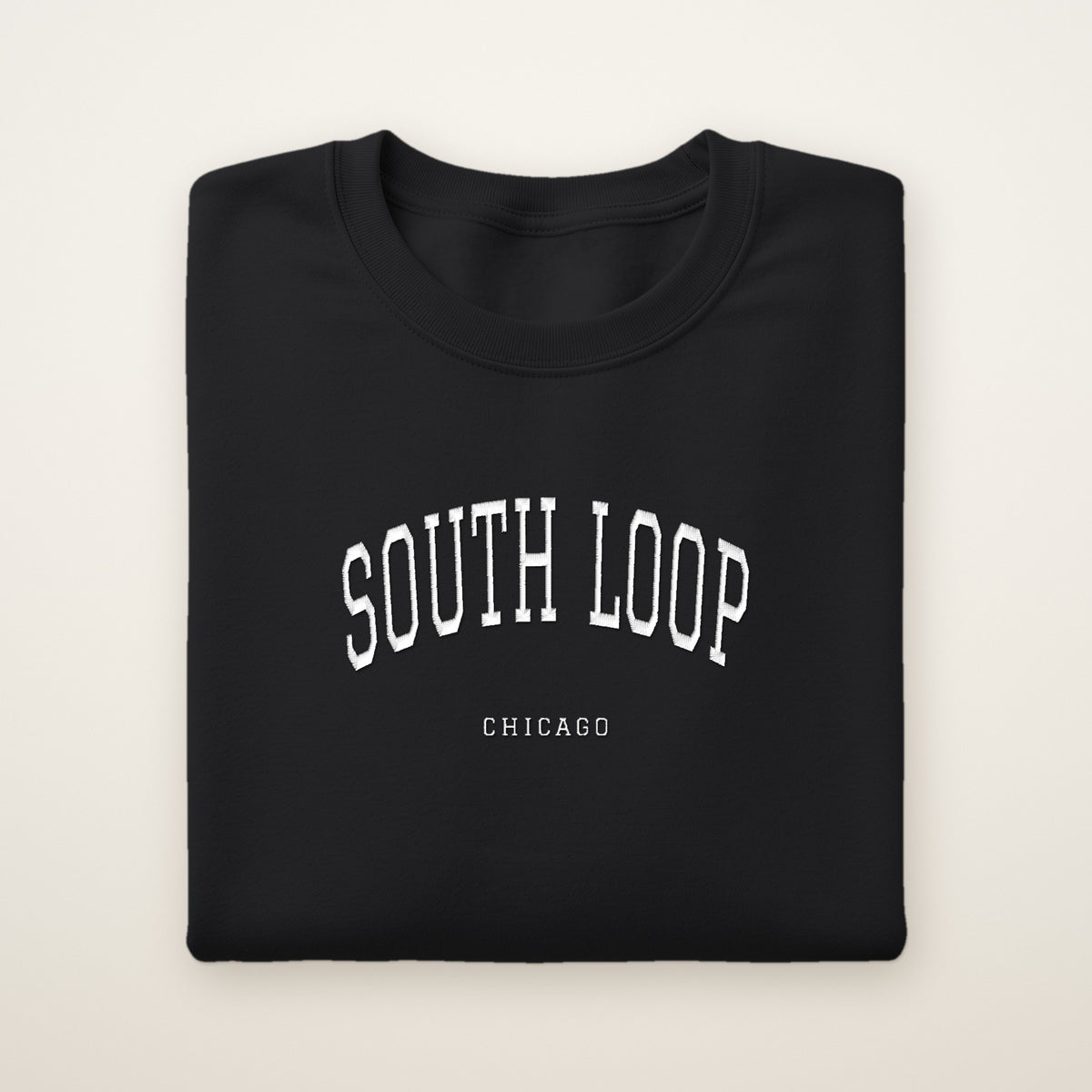 South Loop Chicago Embroidered Crewneck — White Thread on Black