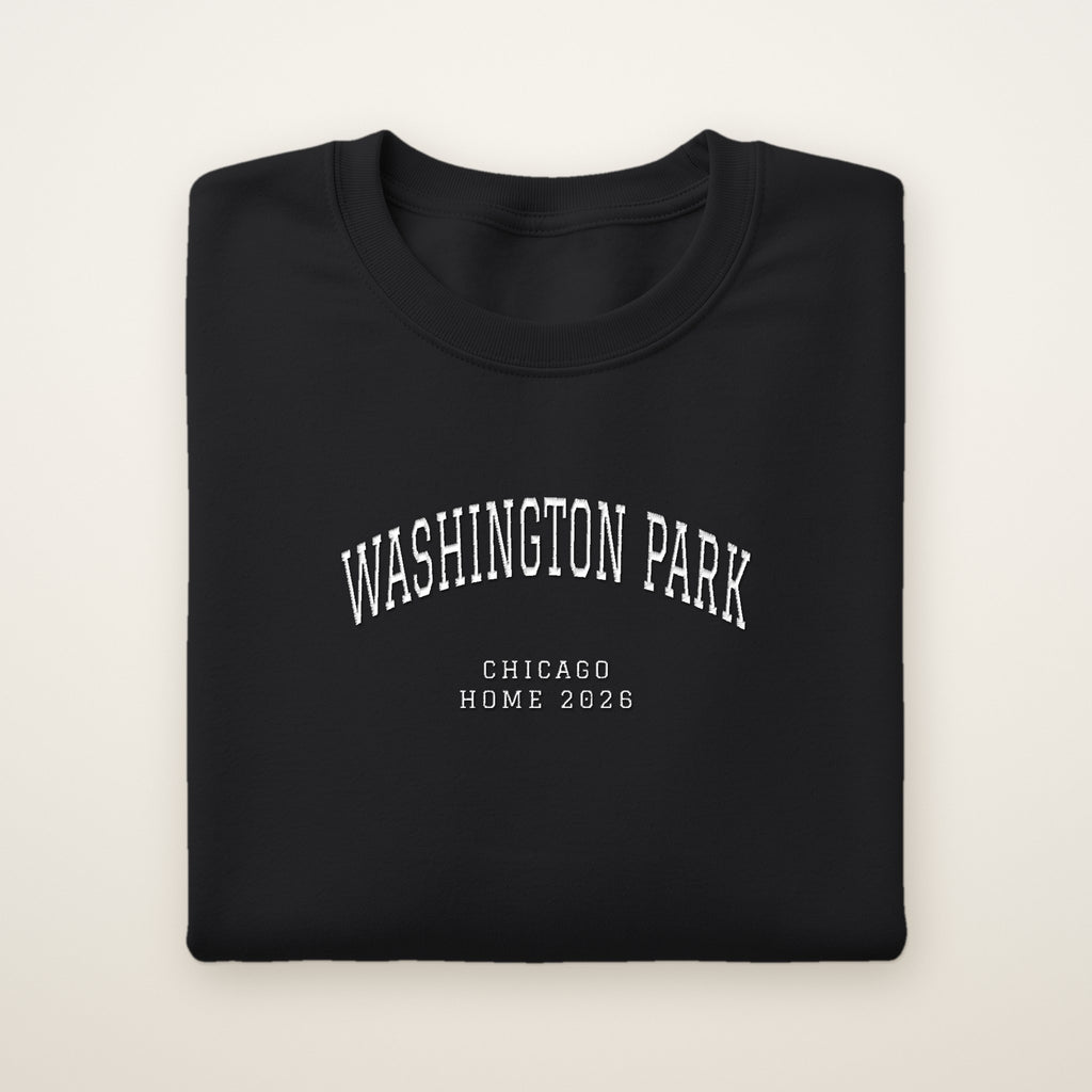 Washington Park Chicago Home 2026 Embroidered Crewneck — White Thread on Black