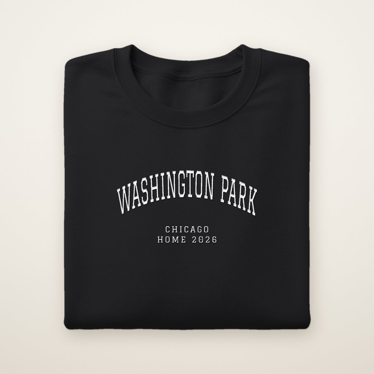 Washington Park Chicago Home 2026 Embroidered Crewneck — White Thread on Black