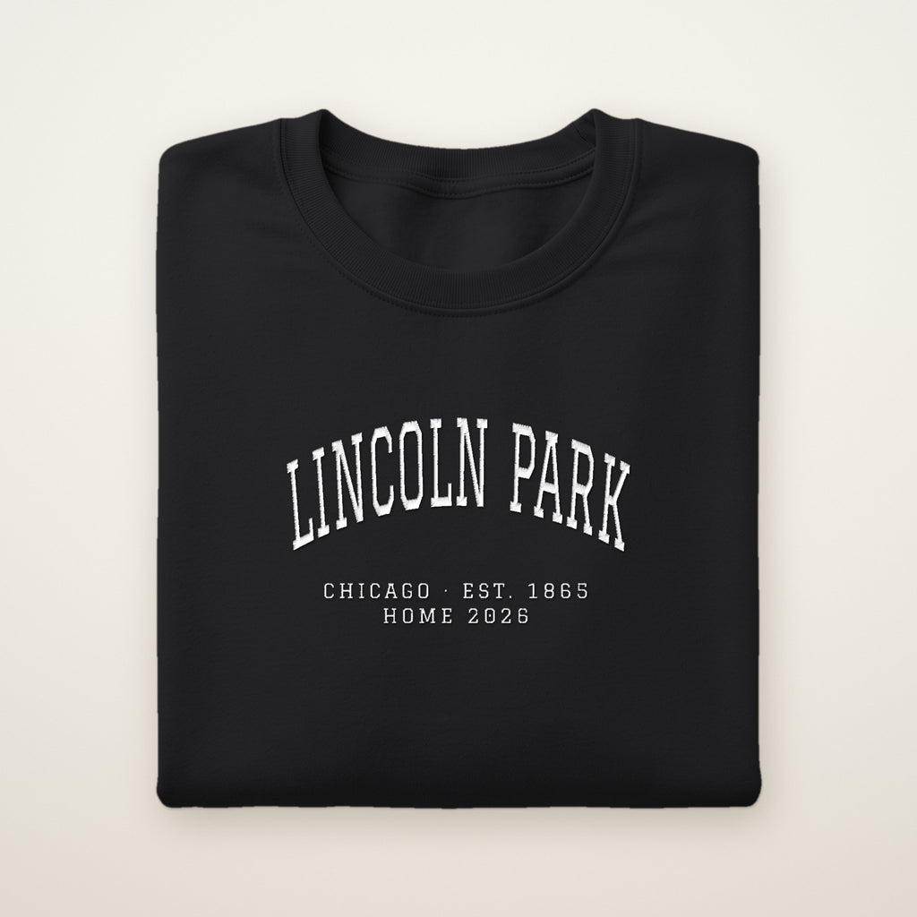 Lincoln Park Chicago Home 2026 Embroidered Crewneck — White Thread on Black