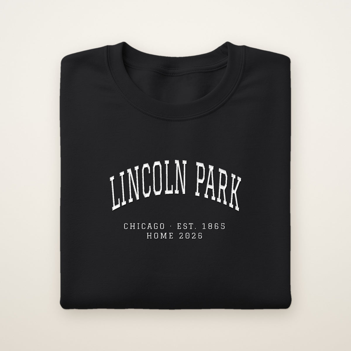 Lincoln Park Chicago Home 2026 Embroidered Crewneck — White Thread on Black