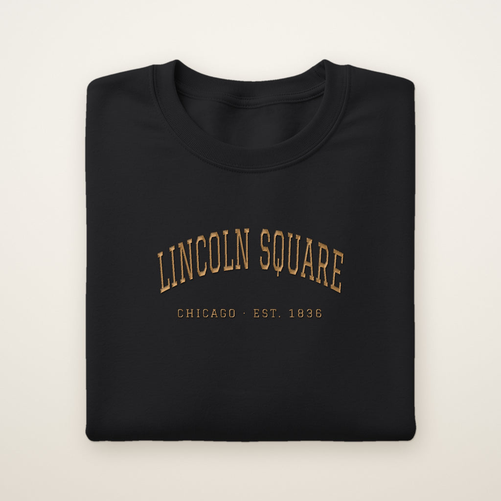 Lincoln Square Chicago Embroidered Crewneck — Gold Thread on Black