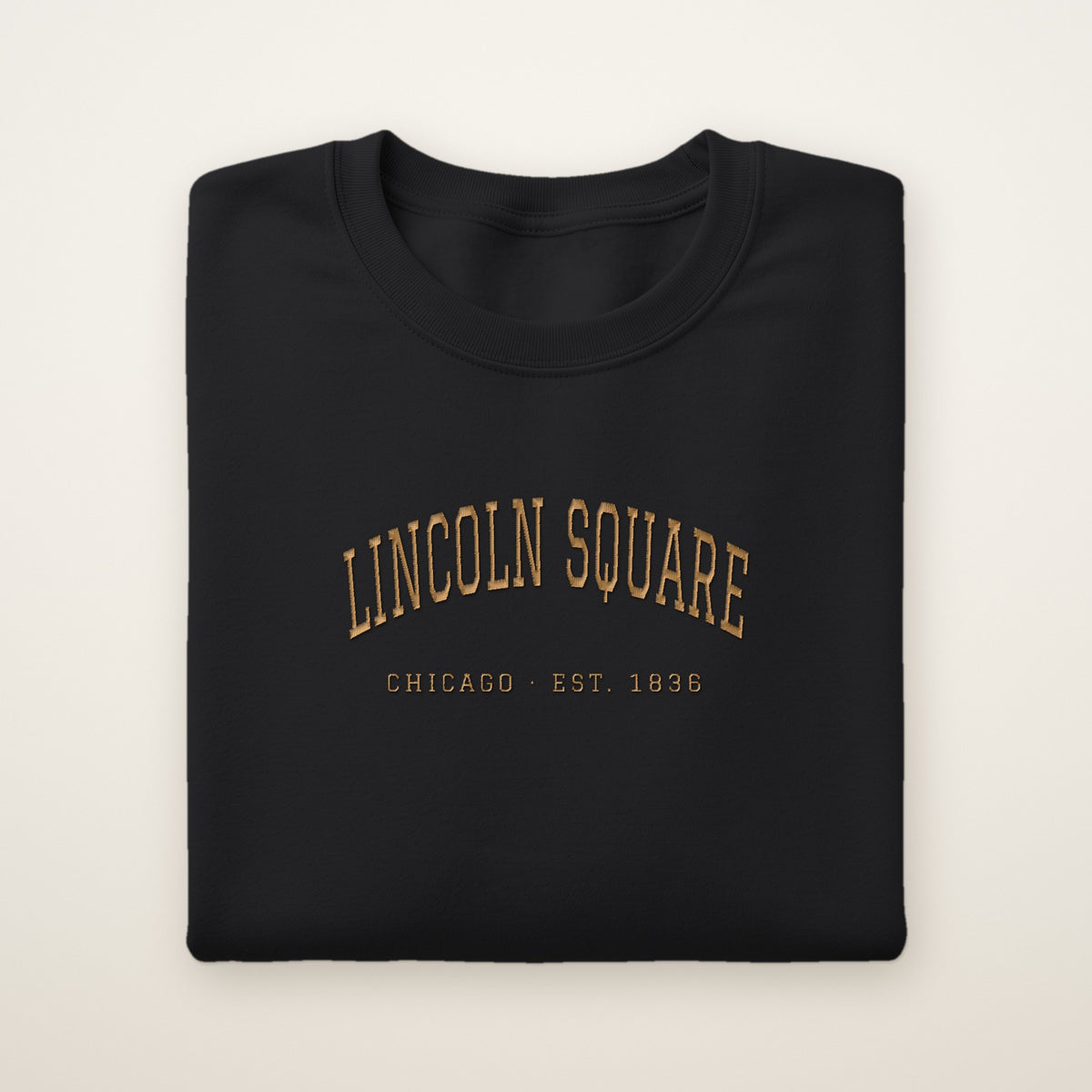 Lincoln Square Chicago Embroidered Crewneck — Gold Thread on Black