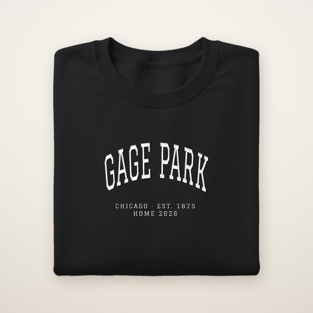Gage Park Chicago Home 2026 Embroidered Crewneck — White Thread on Black