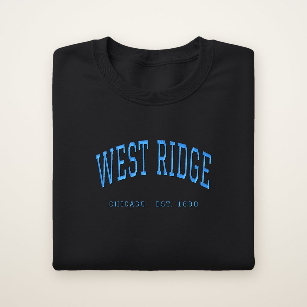 West Ridge Chicago Embroidered Crewneck — Sky Blue Thread on Black