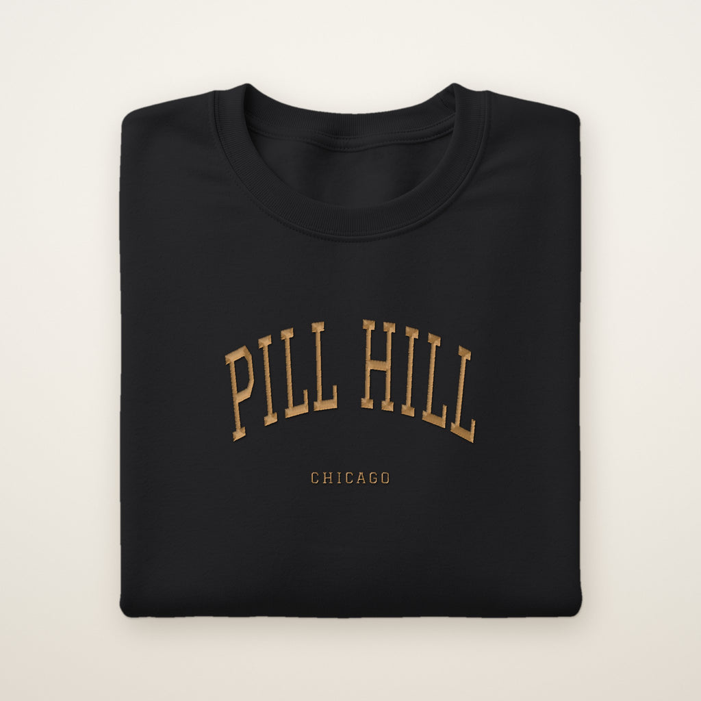 Pill Hill Chicago Embroidered Crewneck — Gold Thread on Black