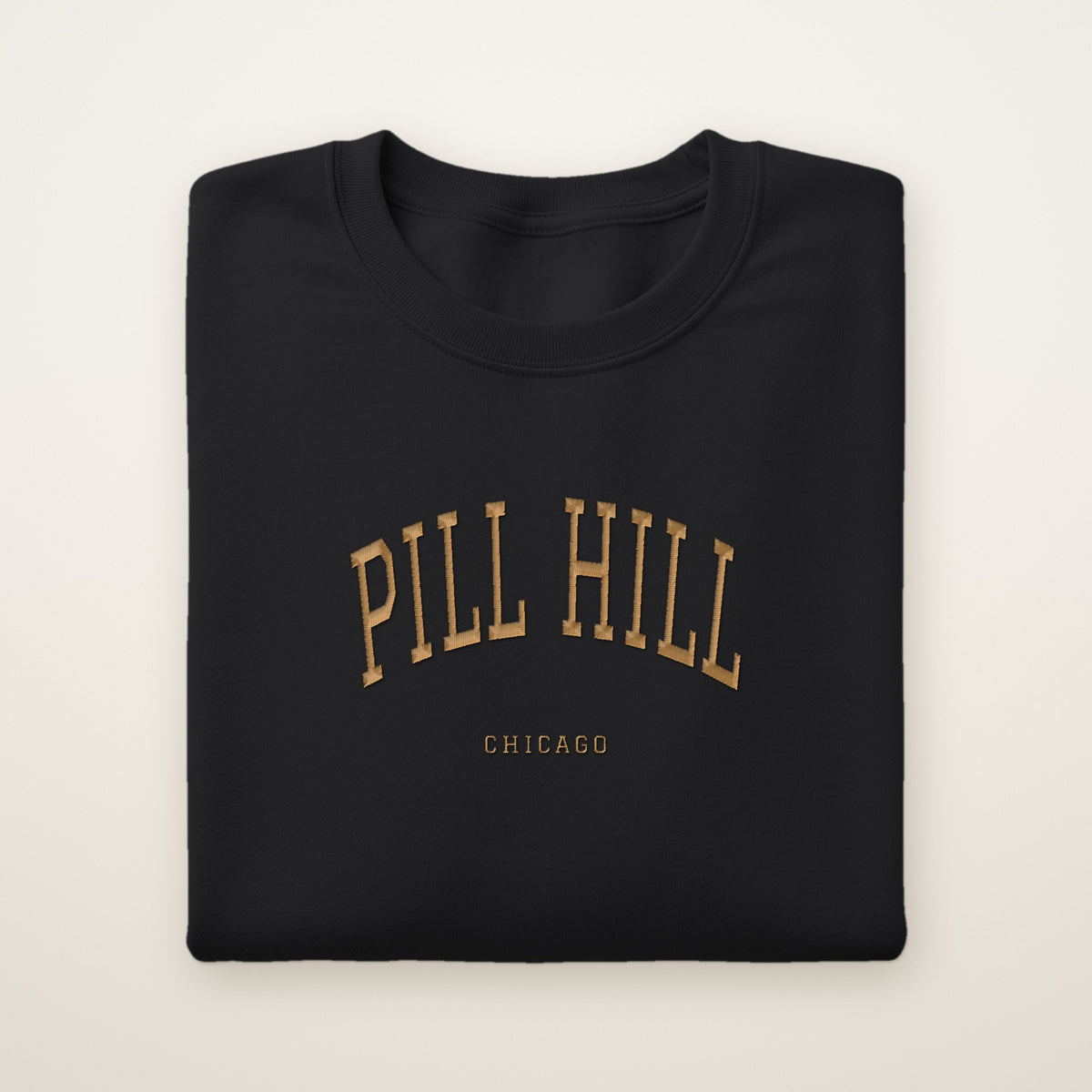 Pill Hill Chicago Embroidered Crewneck — Gold Thread on Black
