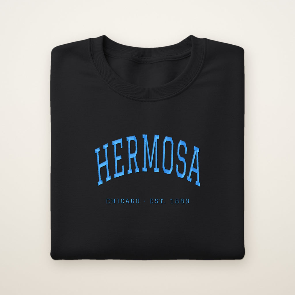 Hermosa Chicago Embroidered Crewneck — Sky Blue Thread on Black