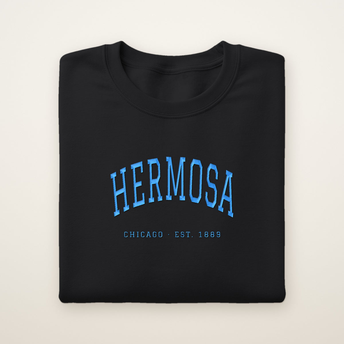 Hermosa Chicago Embroidered Crewneck — Sky Blue Thread on Black