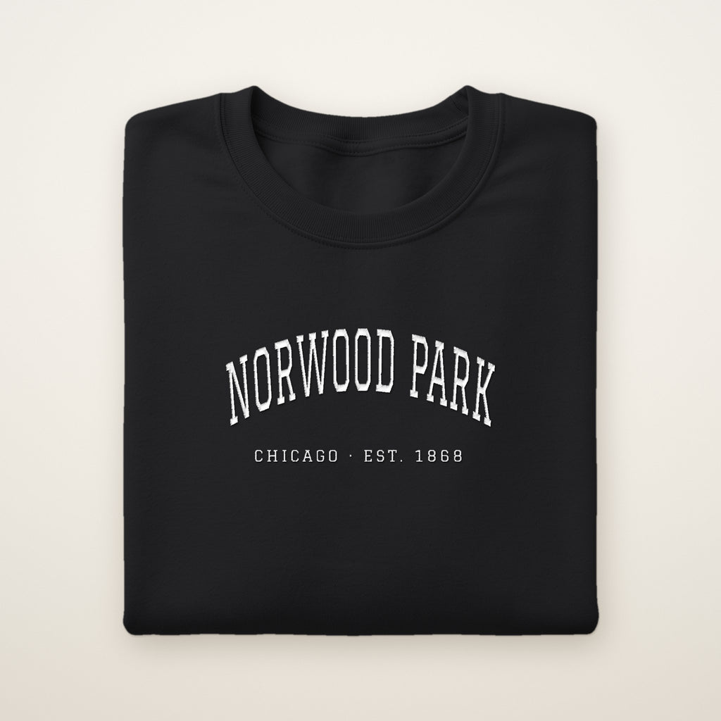 Norwood Park Chicago Embroidered Crewneck — White Thread on Black