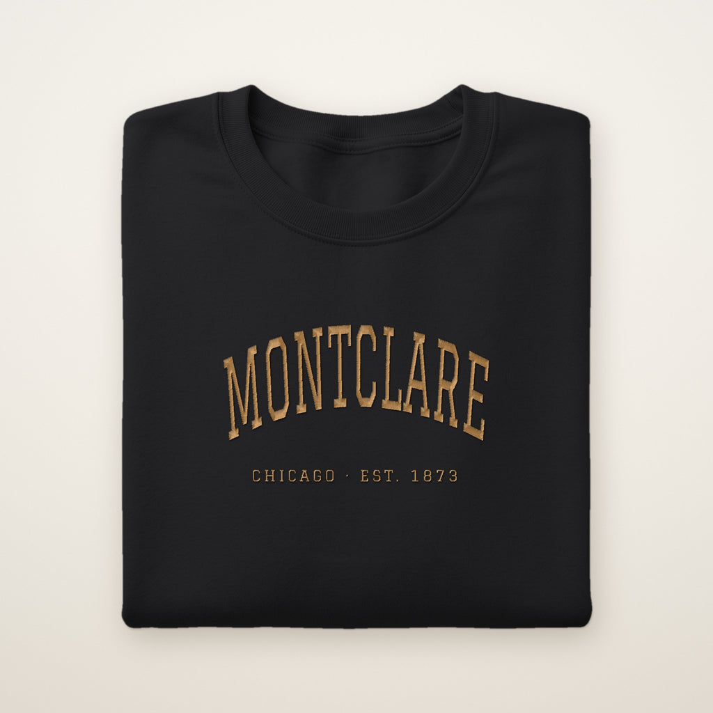 Montclare Chicago Embroidered Crewneck — Gold Thread on Black