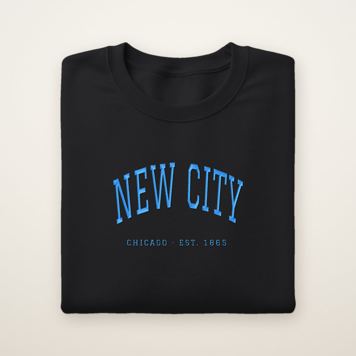 New City Chicago Embroidered Crewneck — Sky Blue Thread on Black