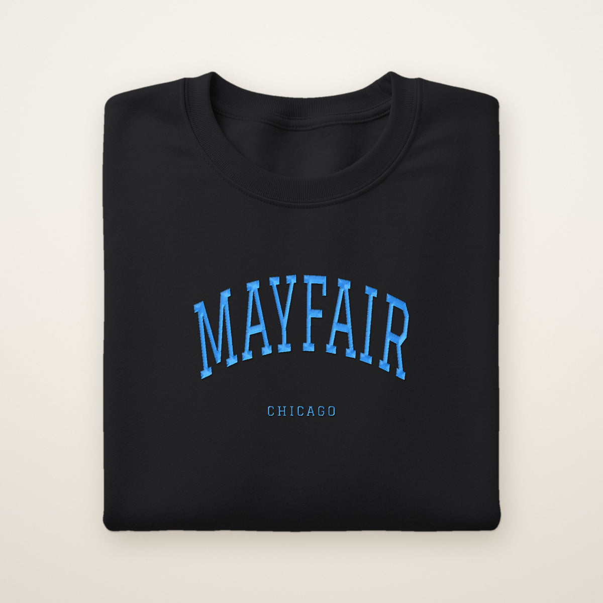 Mayfair Chicago Embroidered Crewneck — Sky Blue Thread on Black
