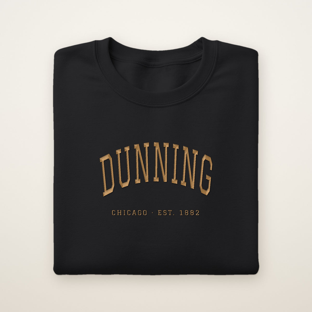 Dunning Chicago Embroidered Crewneck — Gold Thread on Black