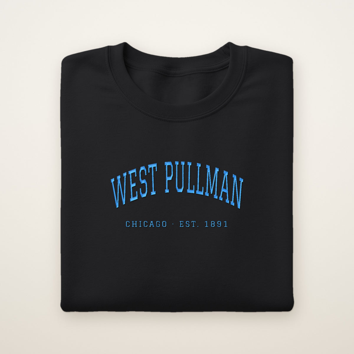 West Pullman Chicago Embroidered Crewneck — Sky Blue Thread on Black