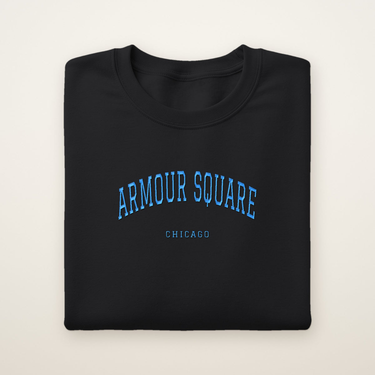 Armour Square Chicago Embroidered Crewneck — Sky Blue Thread on Black