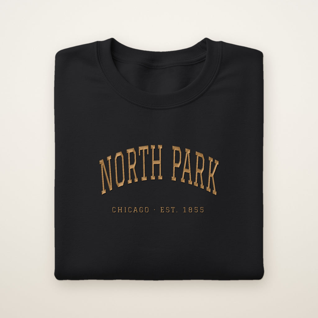 North Park Chicago Embroidered Crewneck — Gold Thread on Black