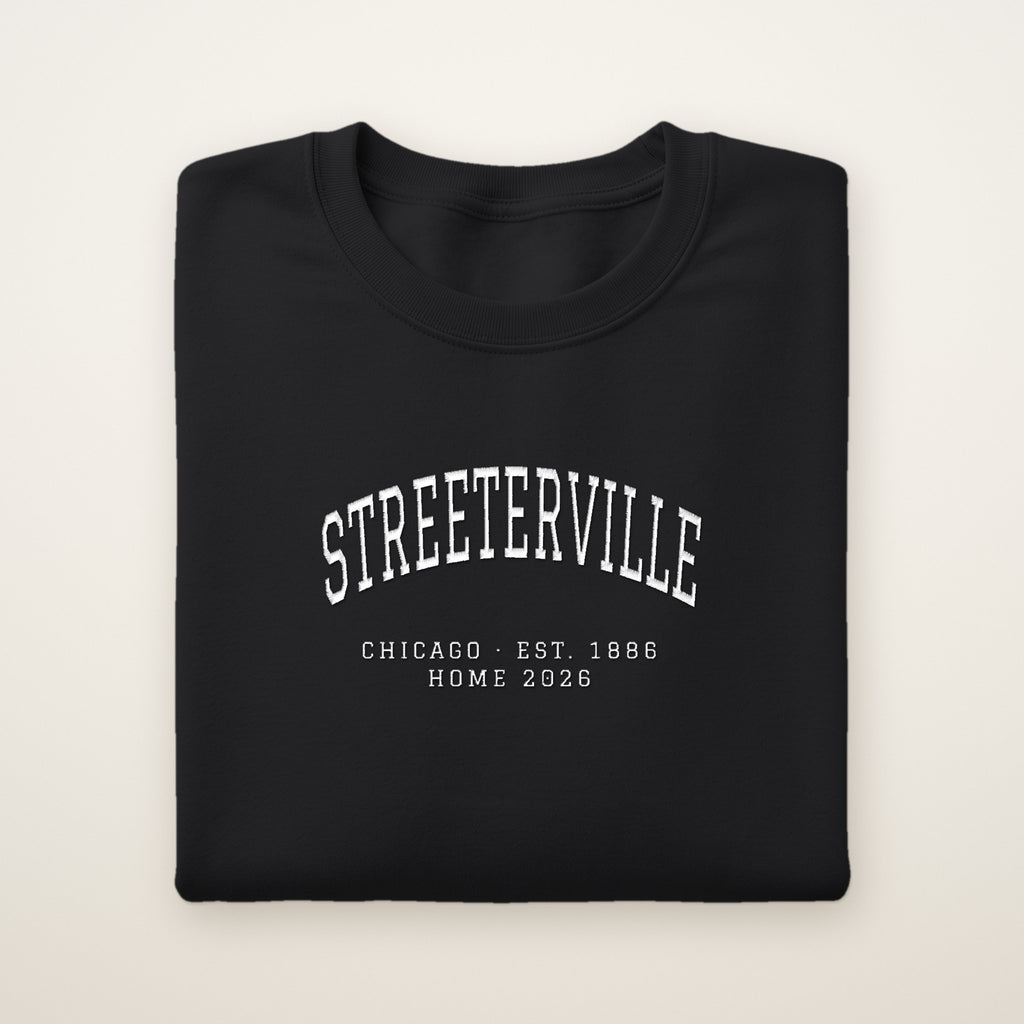 Streeterville Chicago Home 2026 Embroidered Crewneck — White Thread on Black